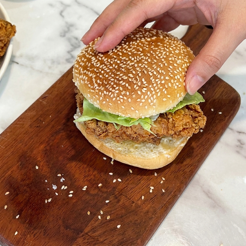 Una mano che posiziona la parte superiore di un panino al sesamo sopra un hamburger di pollo fritto appena assemblato su un tagliere di legno.