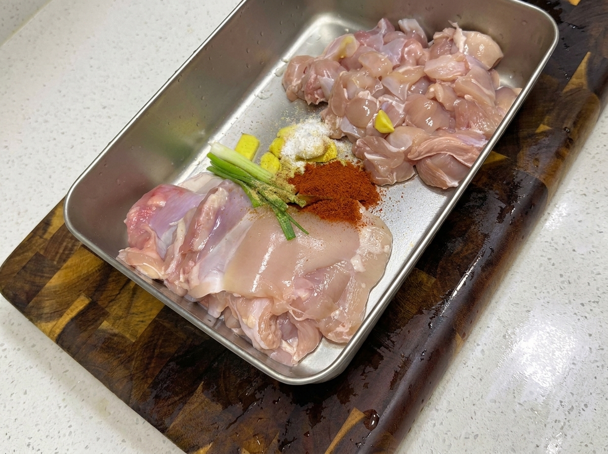 Pollo crudo a cubetti in una teglia di metallo con aromi e spezie pronti per essere mescolati.