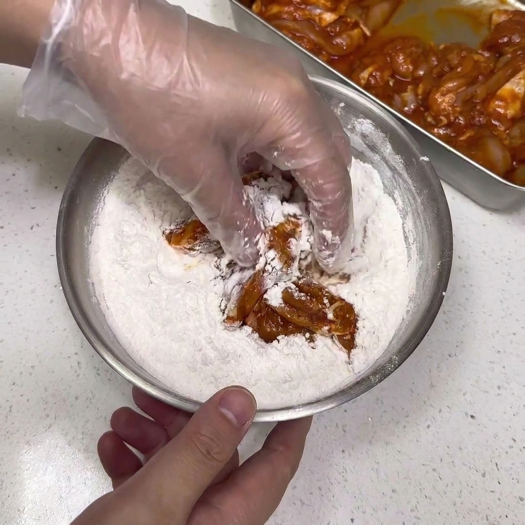Pezzi di pollo crudo marinato rivestiti in farina speziata dentro una ciotola.