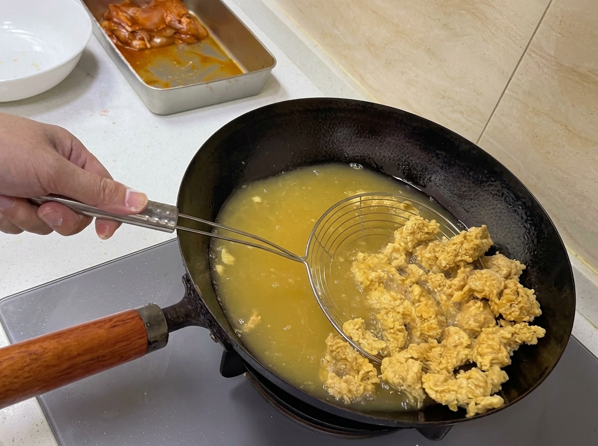 Una mano che usa una schiumarola per sollevare pezzi di pollo fritto dorato chiaro dallolio caldo in un wok.