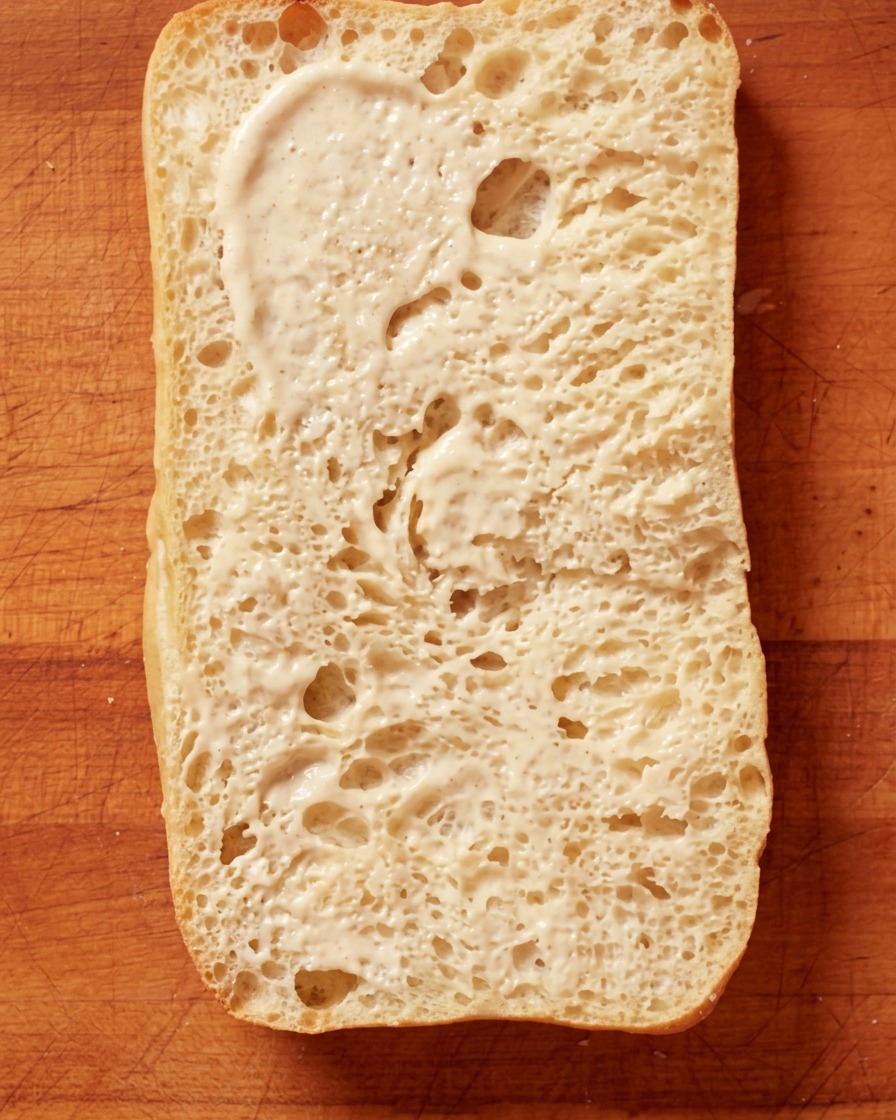 Salsa bianca cremosa spalmata su una fetta di ciabatta tostata.