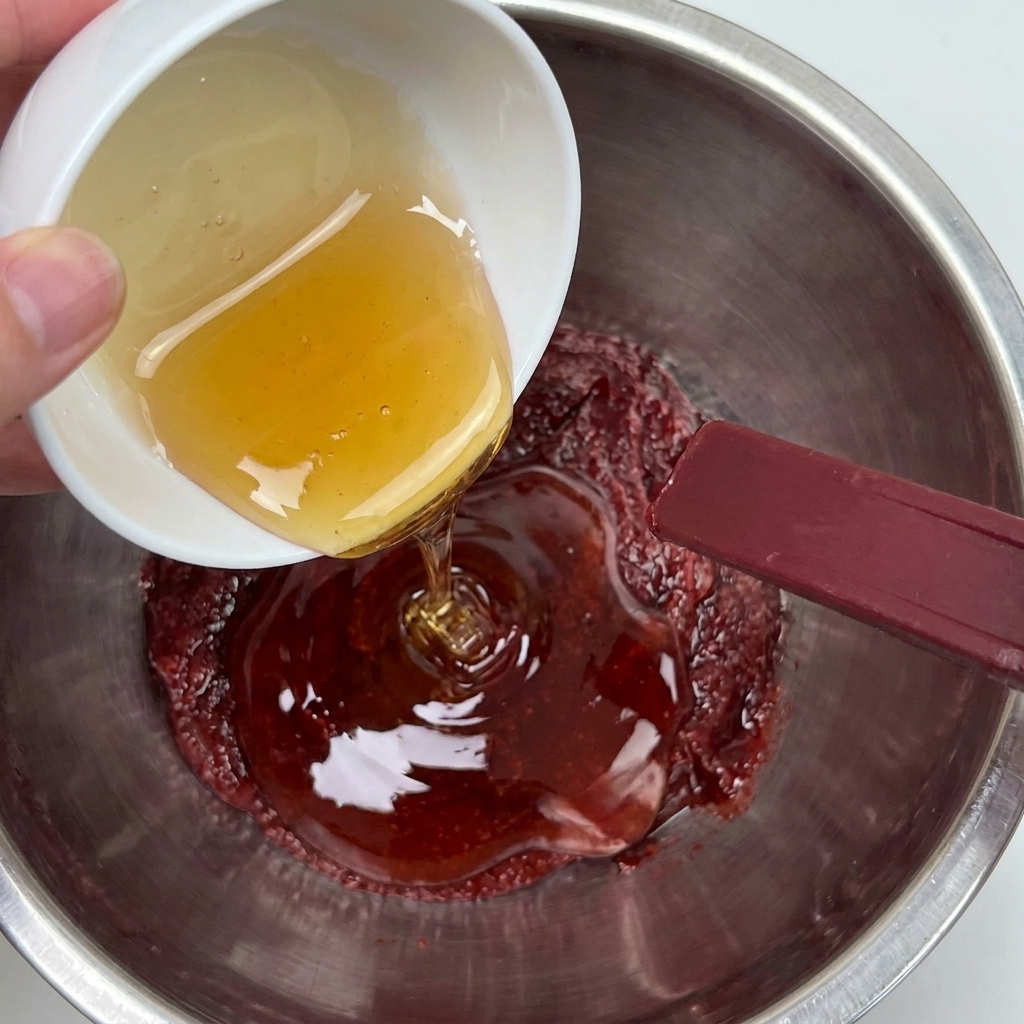 Miele versato nella ciotola con la pasta di peperoncino.