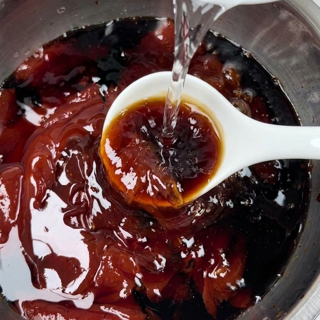 Acqua versata nel composto scuro della salsa.