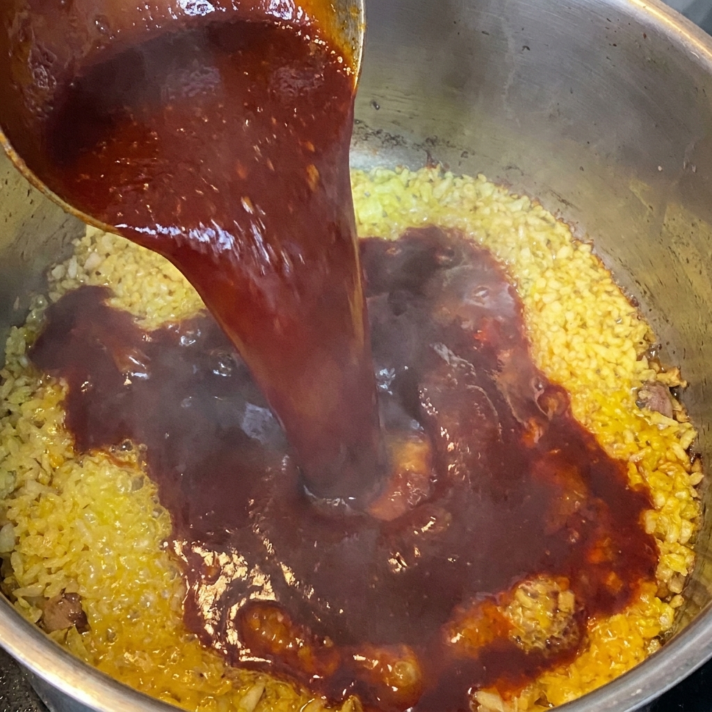 Salsa scura versata in padella con aglio.