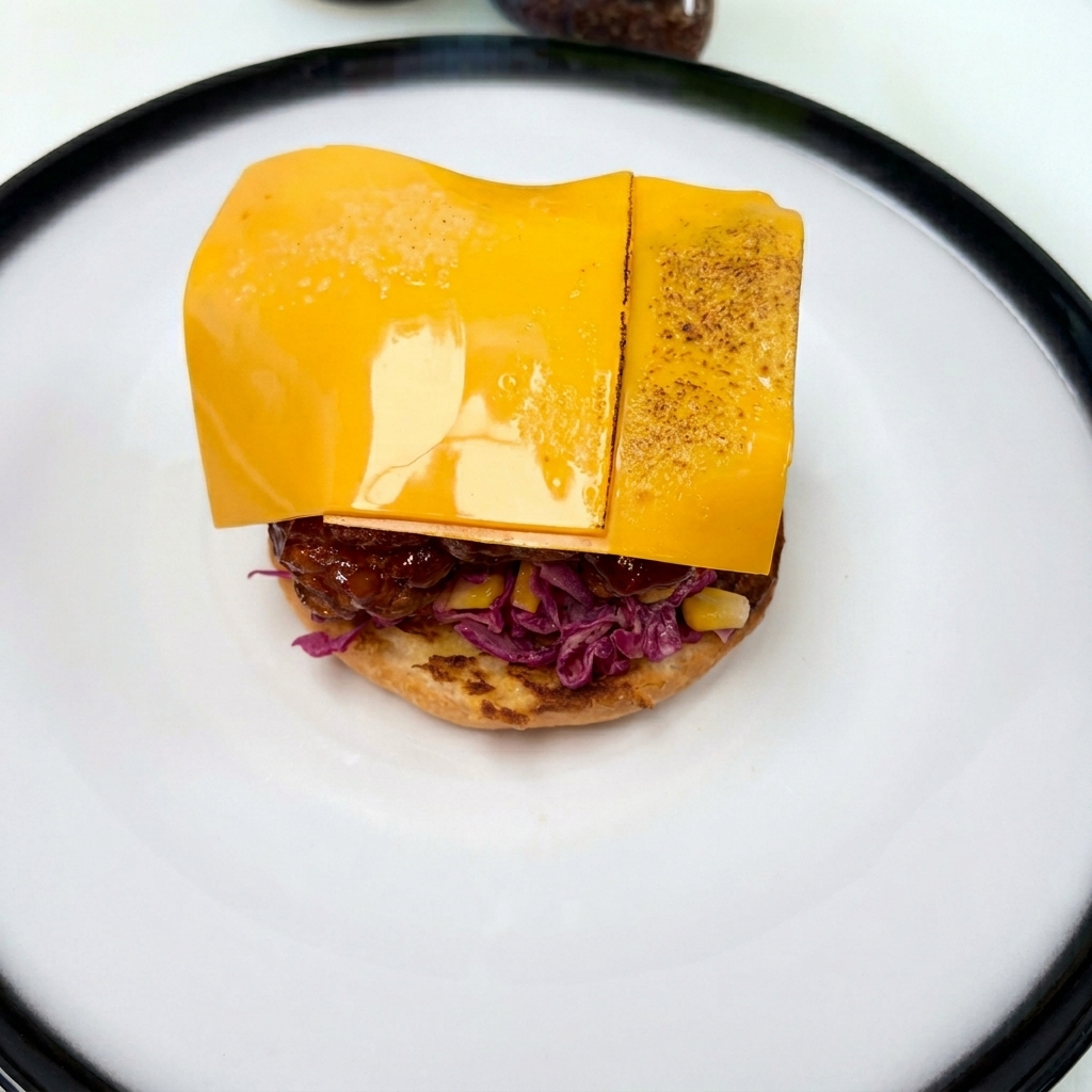 Una fetta di formaggio che si scioglie sul pollo con un cannello.