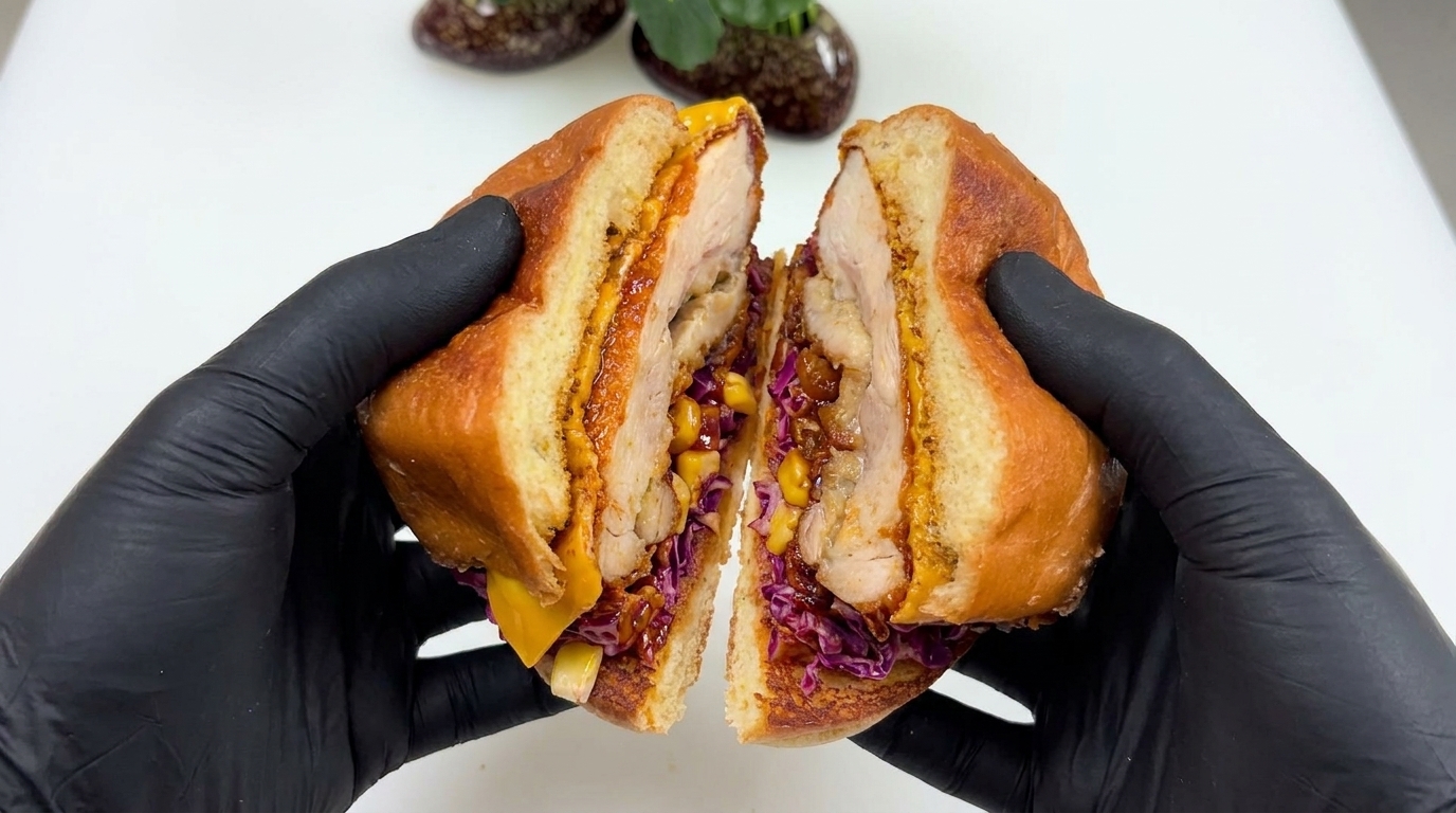 Una sezione trasversale di un hamburger di pollo fritto in stile coreano, con glassa lucida al gochujang, formaggio fuso e uninsalata vivace.