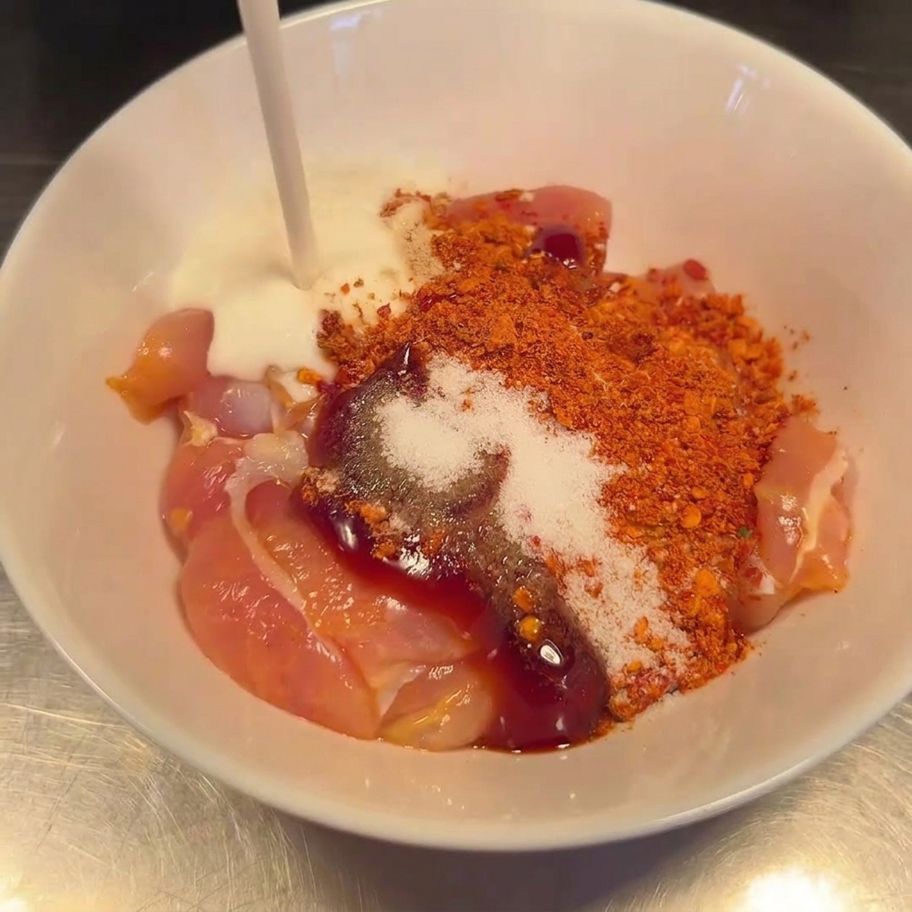 Yogurt bianco versato sulle sovracosce di pollo condite.