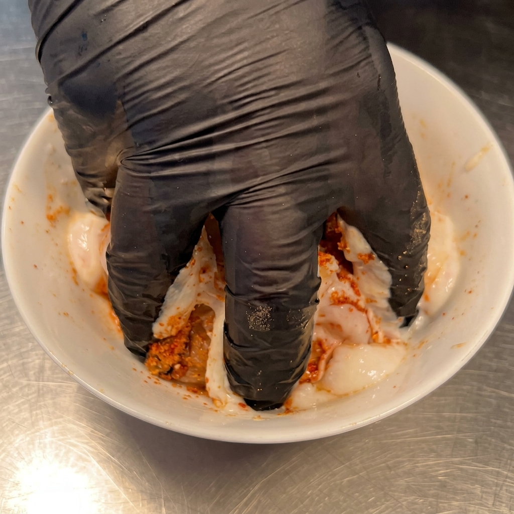 Mani che massaggiano lo yogurt e le spezie sul pollo.