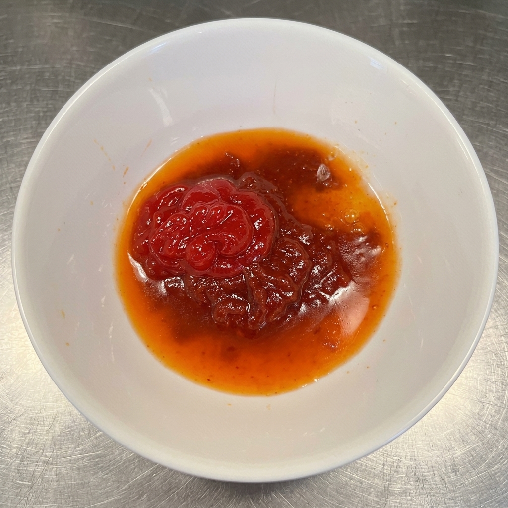 Salsa di peperoncino, ketchup, aglio e spezie in una ciotolina.