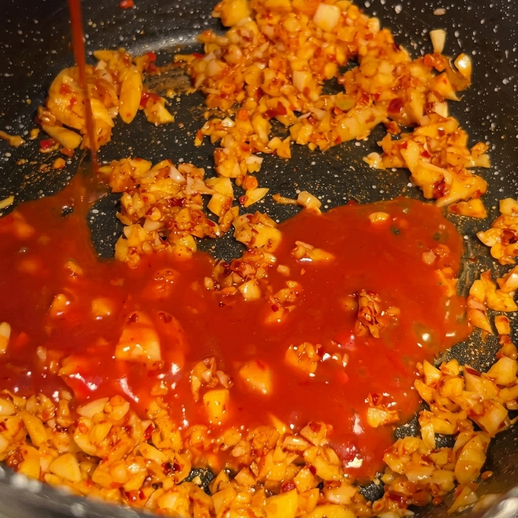 Pasta di peperoncino versata in padella con laglio.