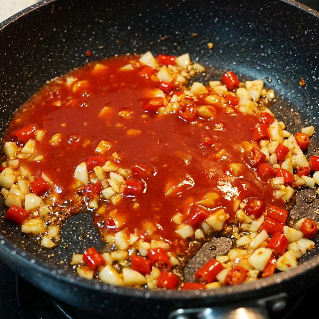 Panna versata nella base di salsa piccante in padella.