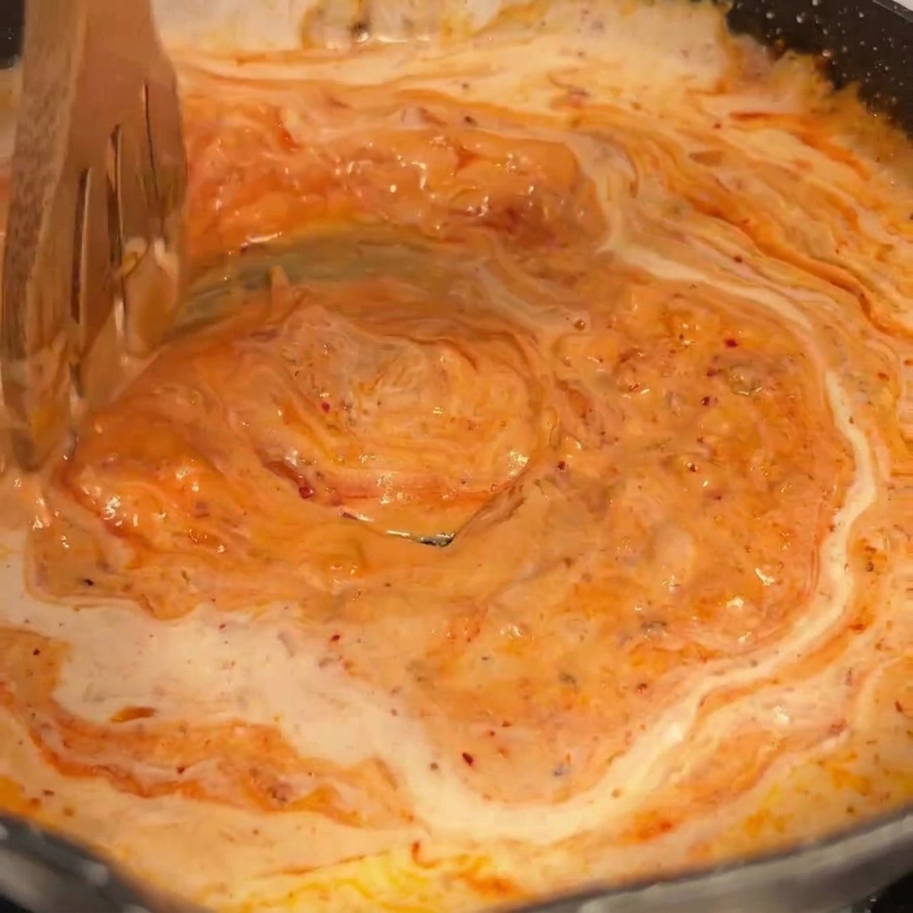 Salsa color arancio acceso mescolata in padella.