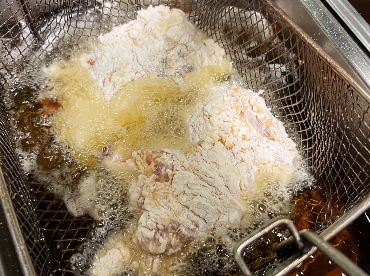 Pollo immerso in olio bollente.