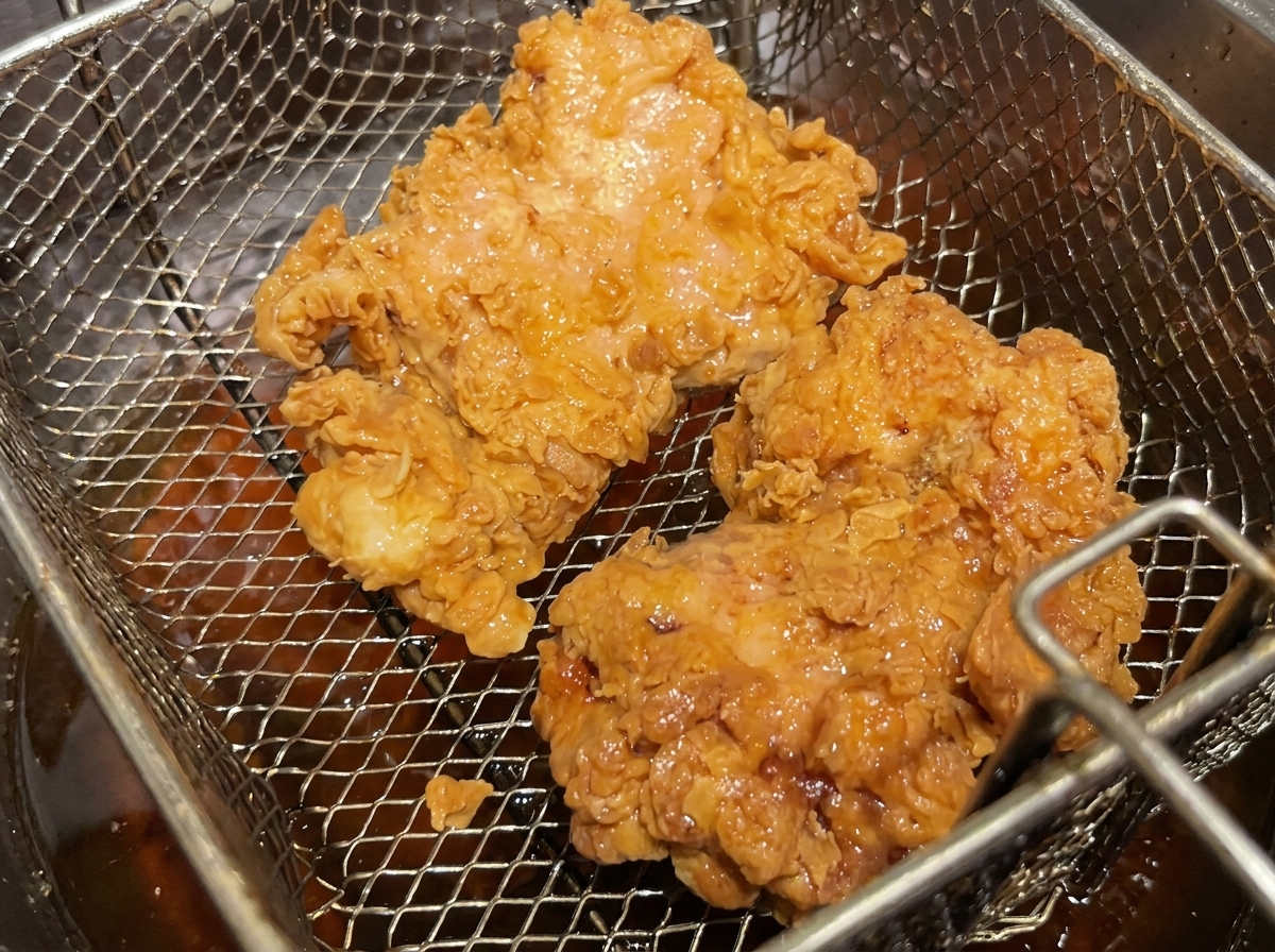 Pollo fritto dorato posto a scolare nel cestello.