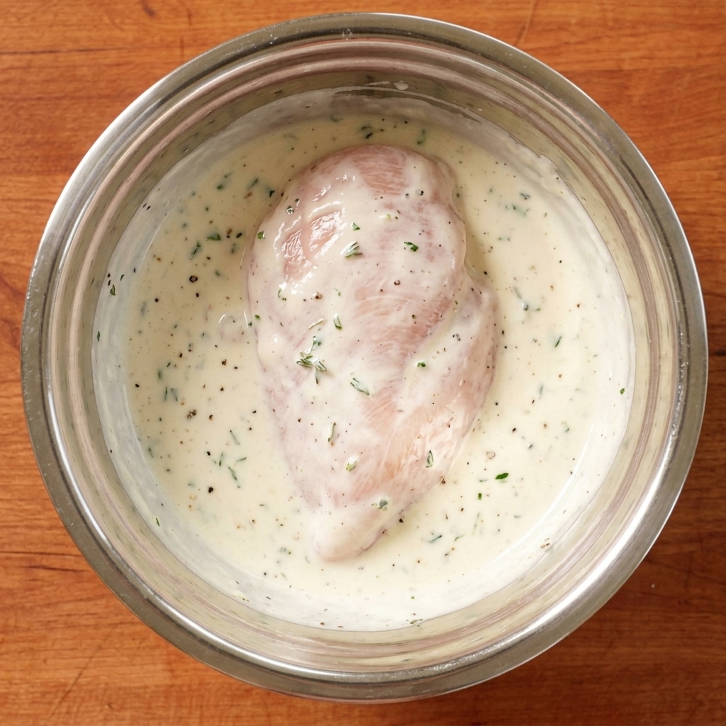 Pezzi di pollo in ammollo in una marinata speziata al latte in una ciotola.