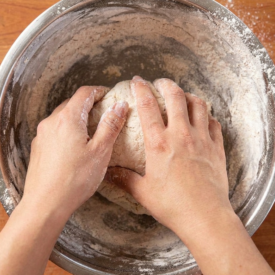Mani che ricoprono il pollo nel mix di farina speziata.