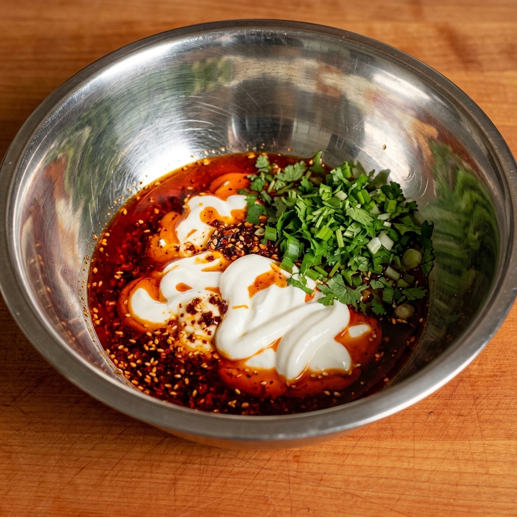Una salsa cremosa mescolata con erbe fresche.