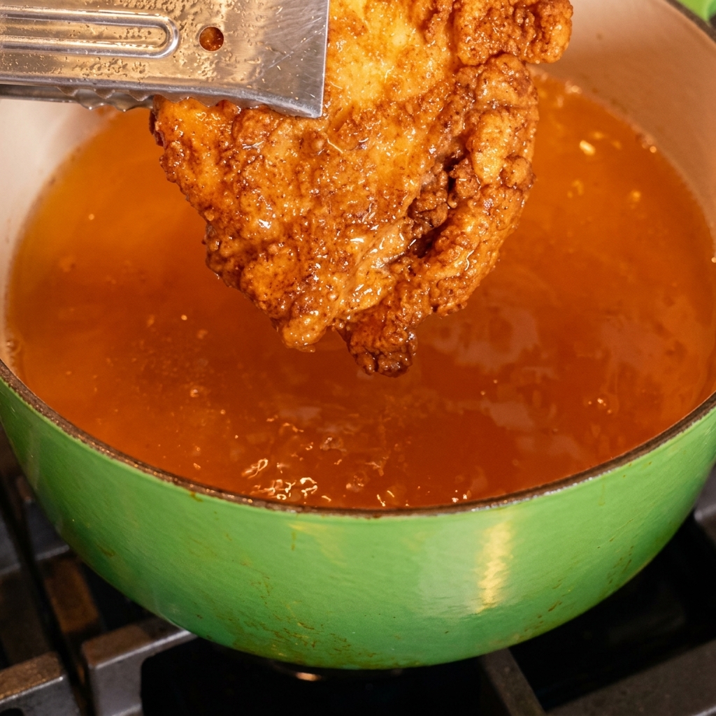 Un patty di pollo fritto dorato immerso in una ricca salsa rossa.