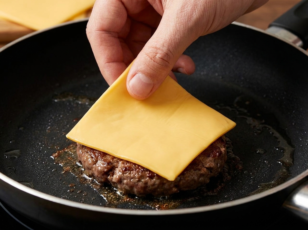 Un hamburger di manzo crudo posizionato in una padella calda e vuota.