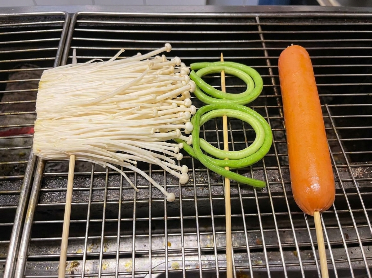 Funghi enoki, mazzetti di erba cipollina e una salsiccia che cuociono sulla griglia.