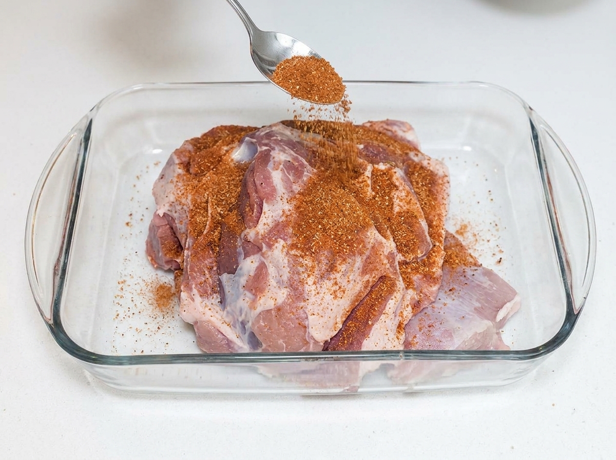 Mix di spezie cosparso sulla spalla di maiale cruda in una pirofila di vetro.