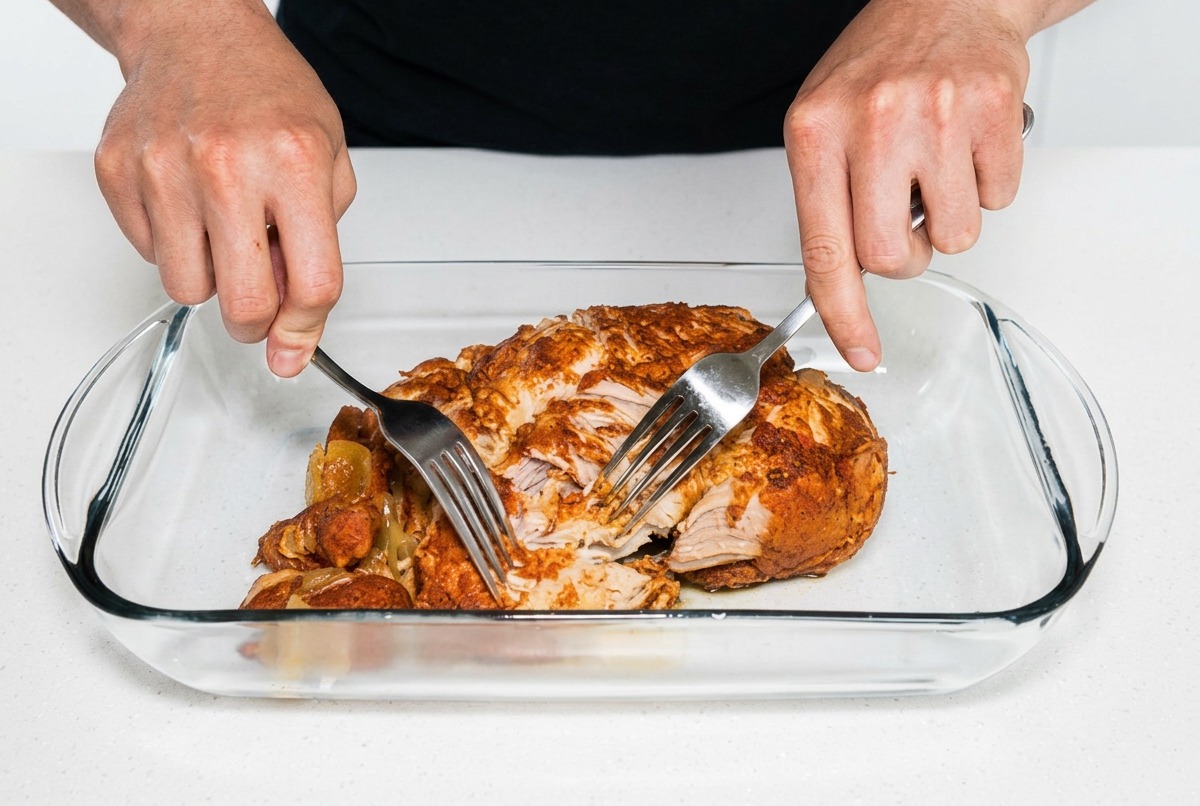 Spalla di maiale cotta sfilacciata in una pirofila di vetro con due forchette di metallo.