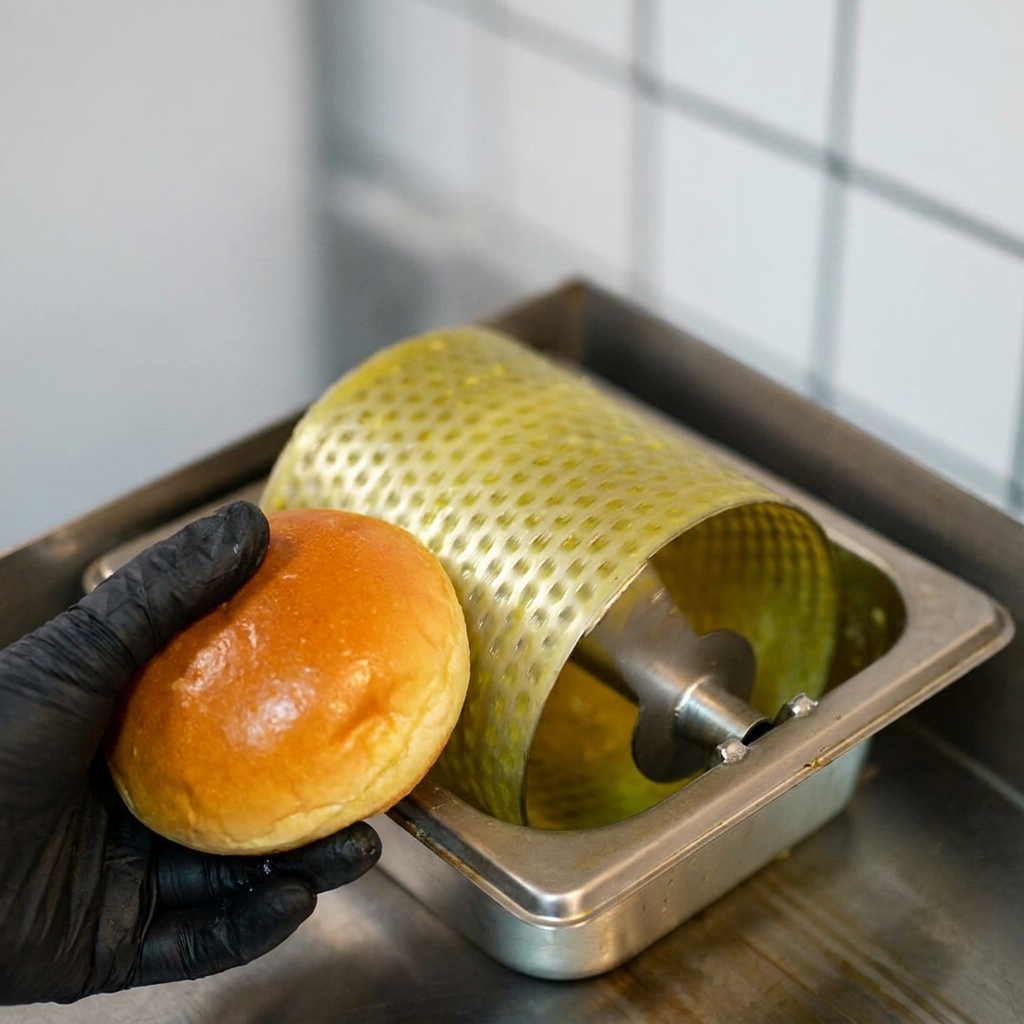 Metà di panino brioche tostate dorate su una piastra calda.