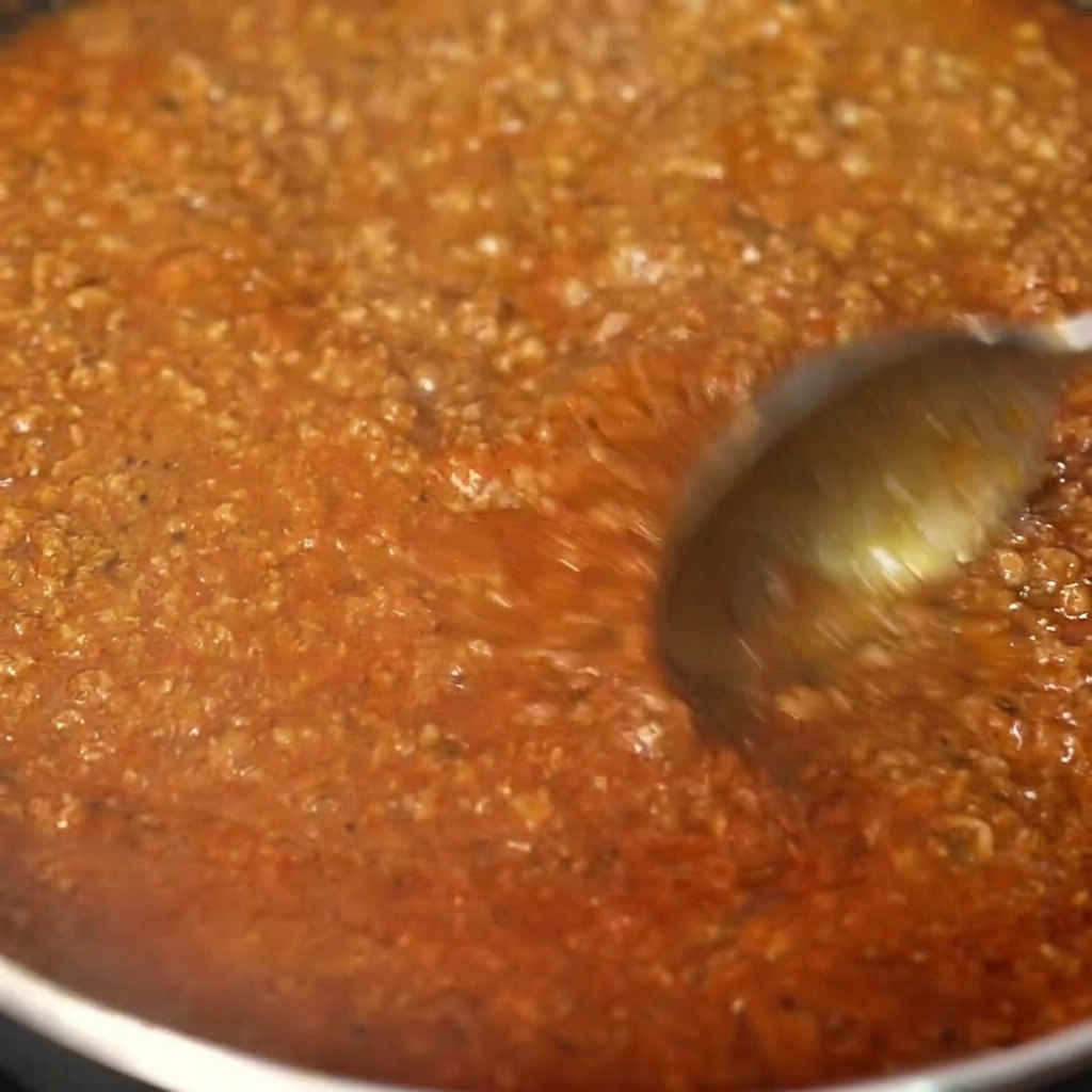 Ricca salsa di carne al chili messicana versata con un mestolo sullhamburger di manzo.
