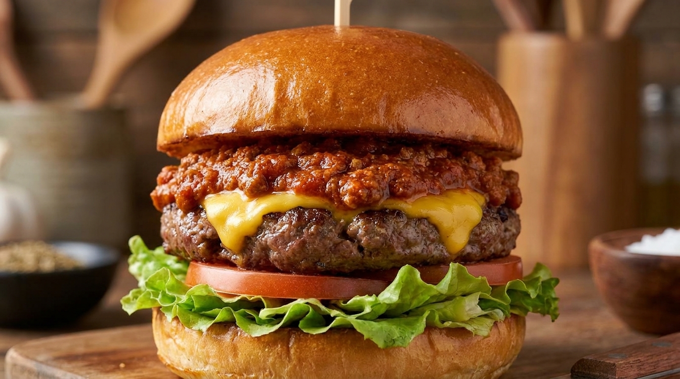 Un burger gourmet messicano al chili sormontato da una saporita salsa di carne al chili e formaggio fuso.