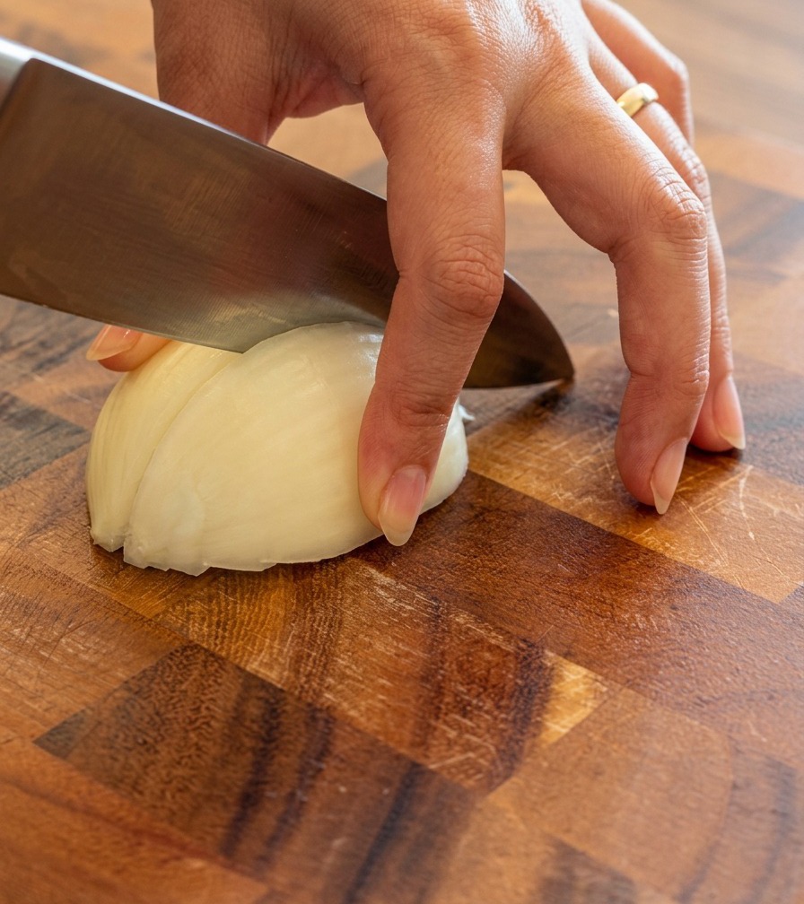 Pezzetti di cipolla bianca finemente tritata su un tagliere di legno.