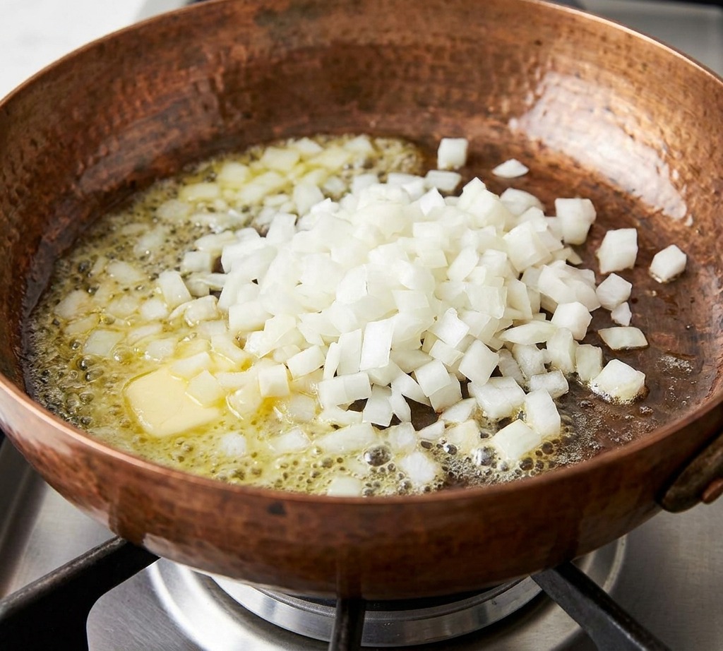 Cipolle tritate in cottura in una padella di rame con del burro fuso.