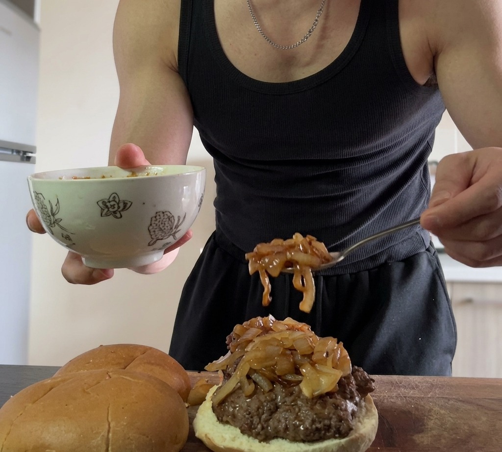 Una ciotola contenente una miscela di salsa di soia, ketchup e altri ingredienti per la salsa dellHamburg steak.