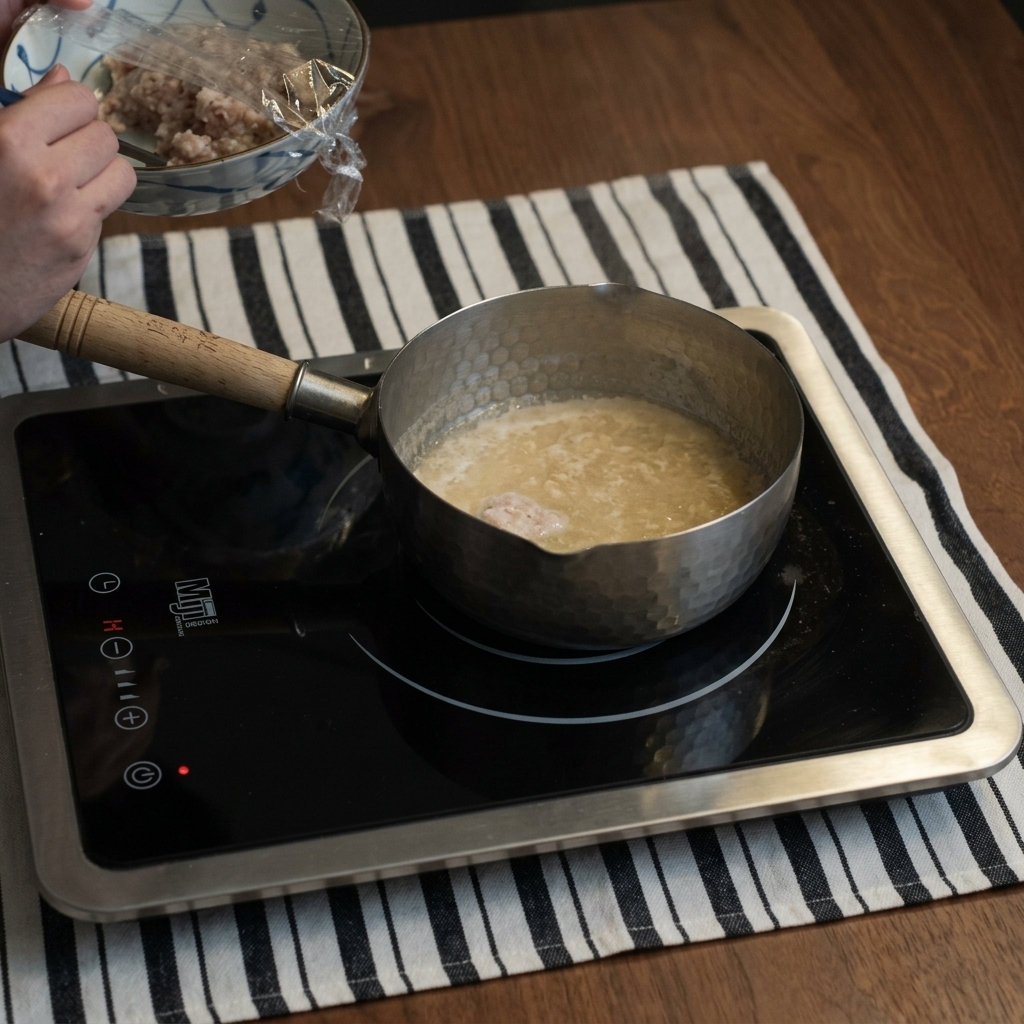 Polpette di manzo che sobbollono in una salsa densa e lucida nella padella.