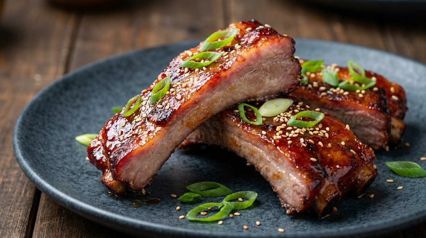 Succulente costine di maiale al Char Siu affumicate con una glassa lucida bruno-rossastra, guarnite con semi di sesamo tostati e cipollotti freschi.