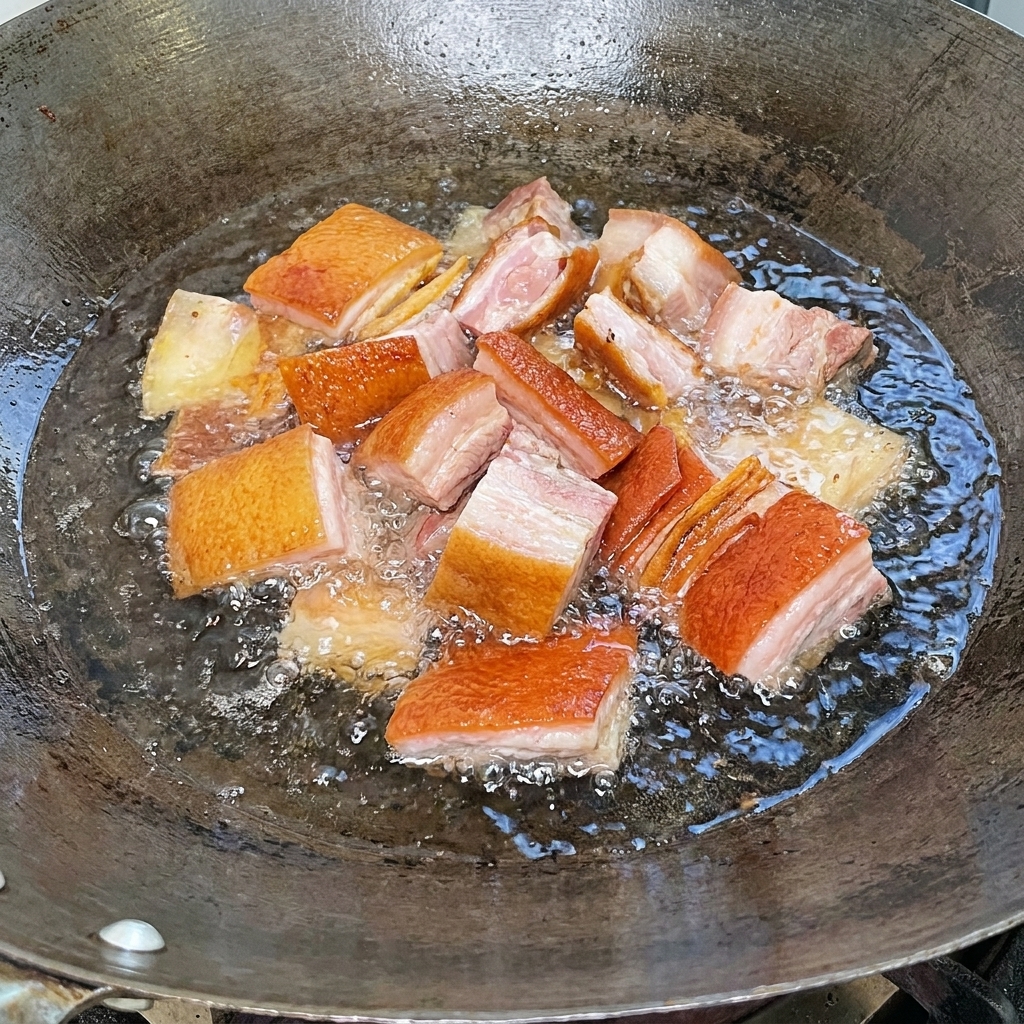 Pezzi di costine affumicate sbollentati in acqua bollente in un wok grande.