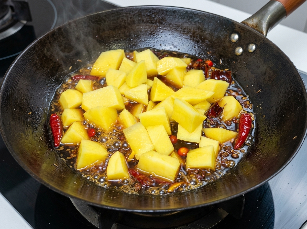 Pezzi di patate appena tagliati aggiunti a un wok con costine e brodo piccante in ebollizione.