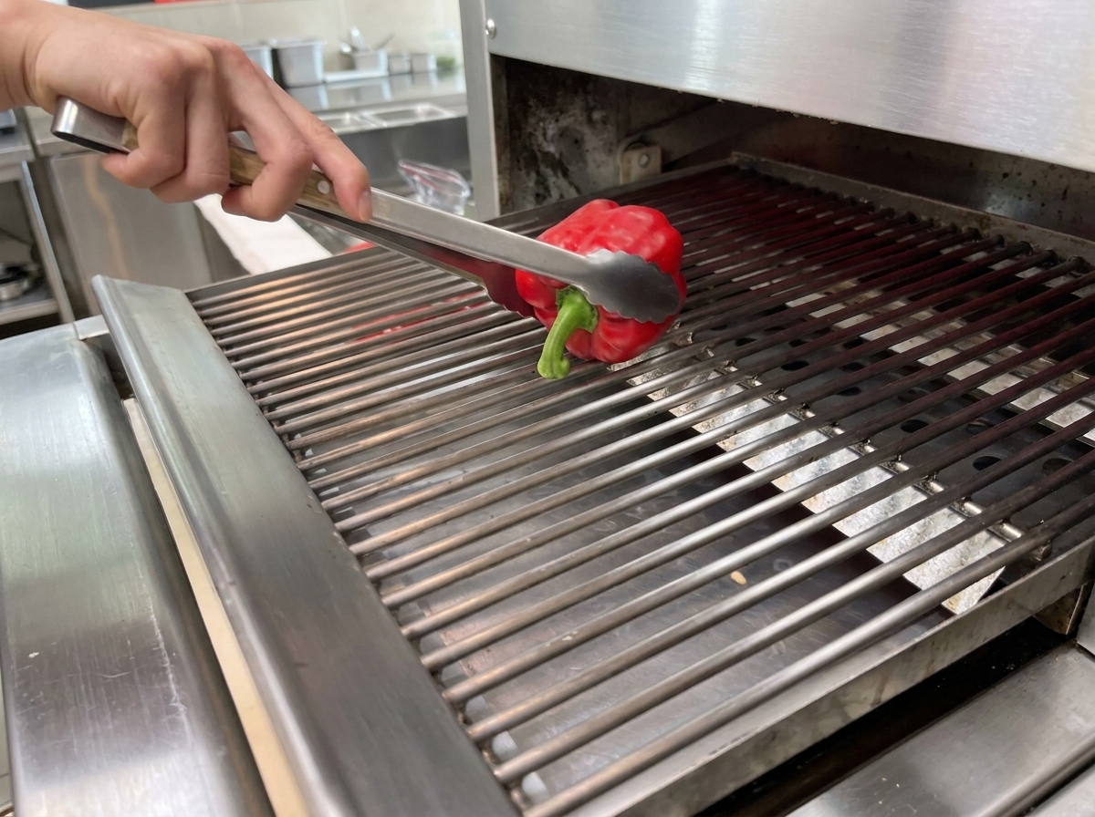 Peperoni rossi freschi su una griglia calda con la pelle bruciacchiata e vesciche.