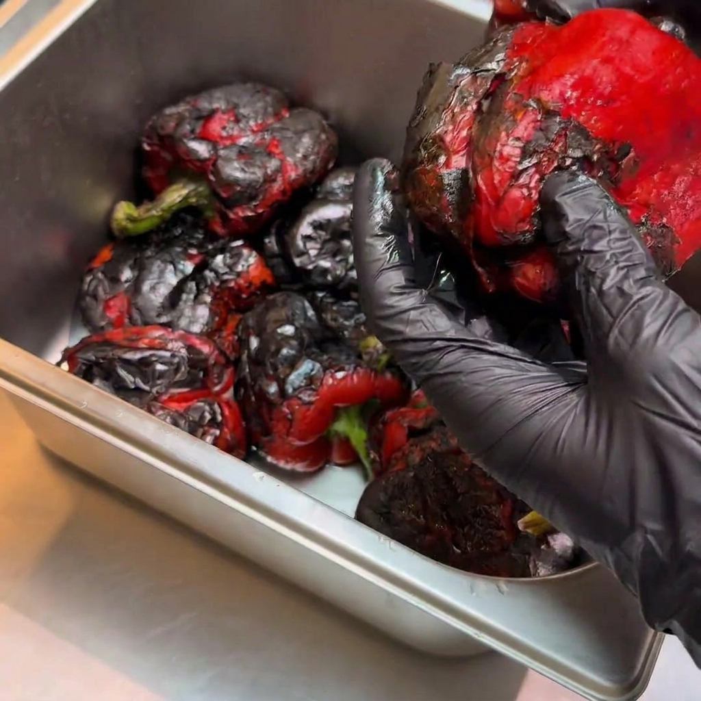 Peperone rosso arrostito che viene pelato a mano per rivelare la polpa morbida e cotta.