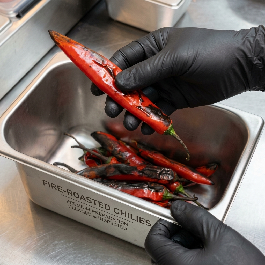 Peperoncino rosso arrostito pelato con i semi che vengono rimossi dalla cavità.