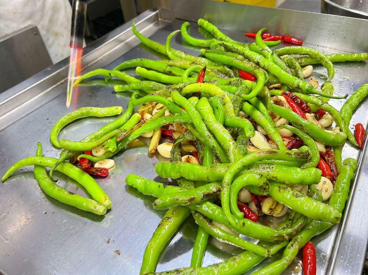 Un mucchio di peperoncini rossi e verdi sulla piastra calda accanto allaglio.