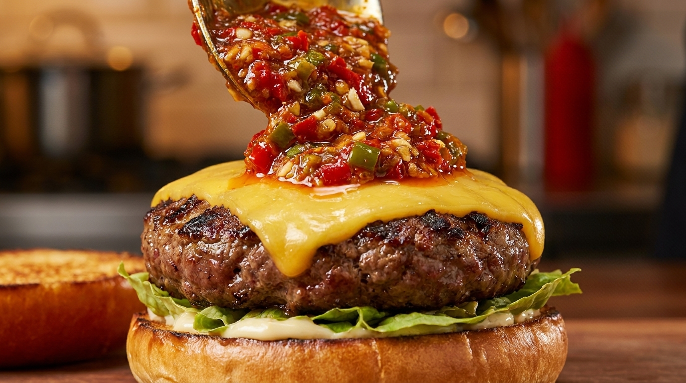 Un hamburger gourmet coronato da una vibrante salsa piccante ai peperoncini arrostiti e formaggio fuso.