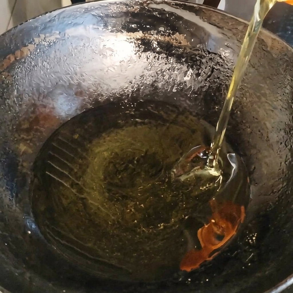 Aglio tritato che entra nellolio caldo nel wok, iniziando a sfrigolare.