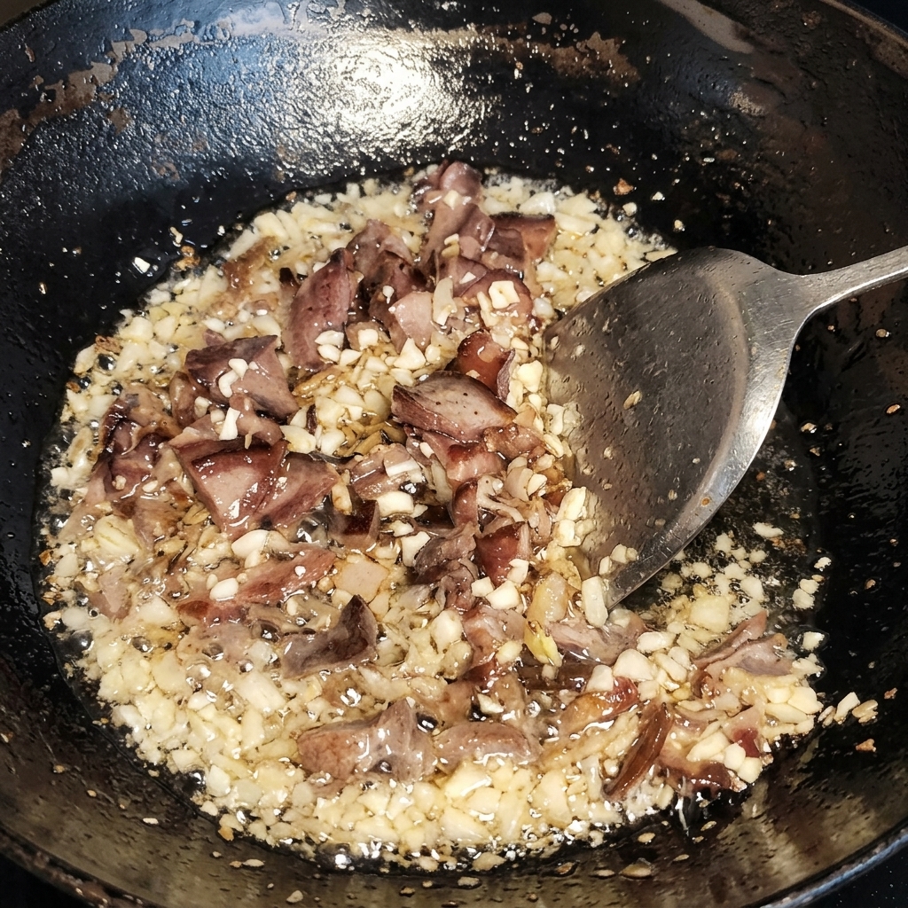 Carne e aglio che saltano in un wok con una spatola, olio che bolle chiaramente intorno agli ingredienti.