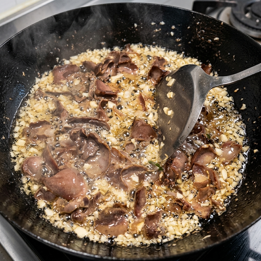 Zenzero tritato e fiocchi di peperoncino essiccati aggiunti al composto di carne sfrigolante nel wok.