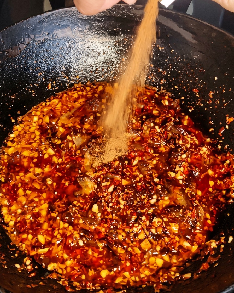 Polvere di spezie secche aggiunta al composto di carne e peperoncino che sobbolle nel wok.