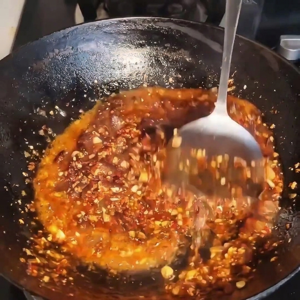 Una spatola di metallo che mescola una salsa di carne e peperoncino rossa e oleosa in un wok stagionato.