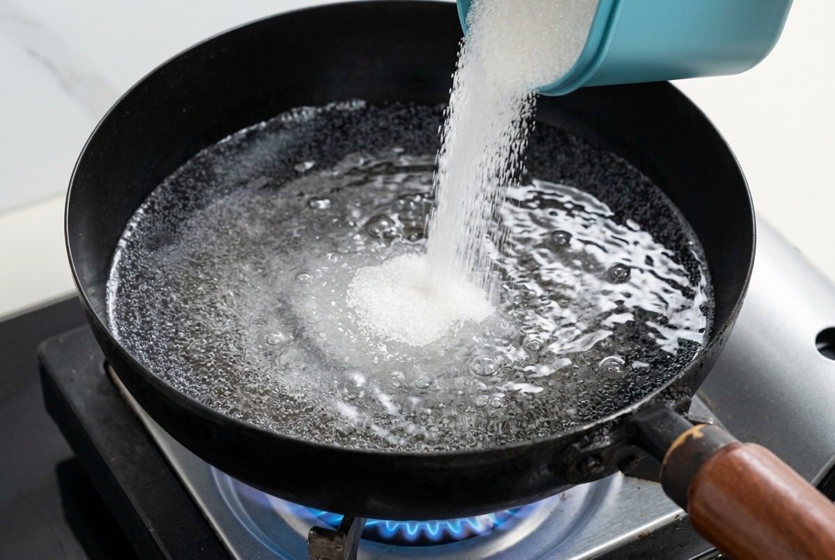 Sale versato da un contenitore blu in una pentola dacqua bollente con gocce dolio in superficie.