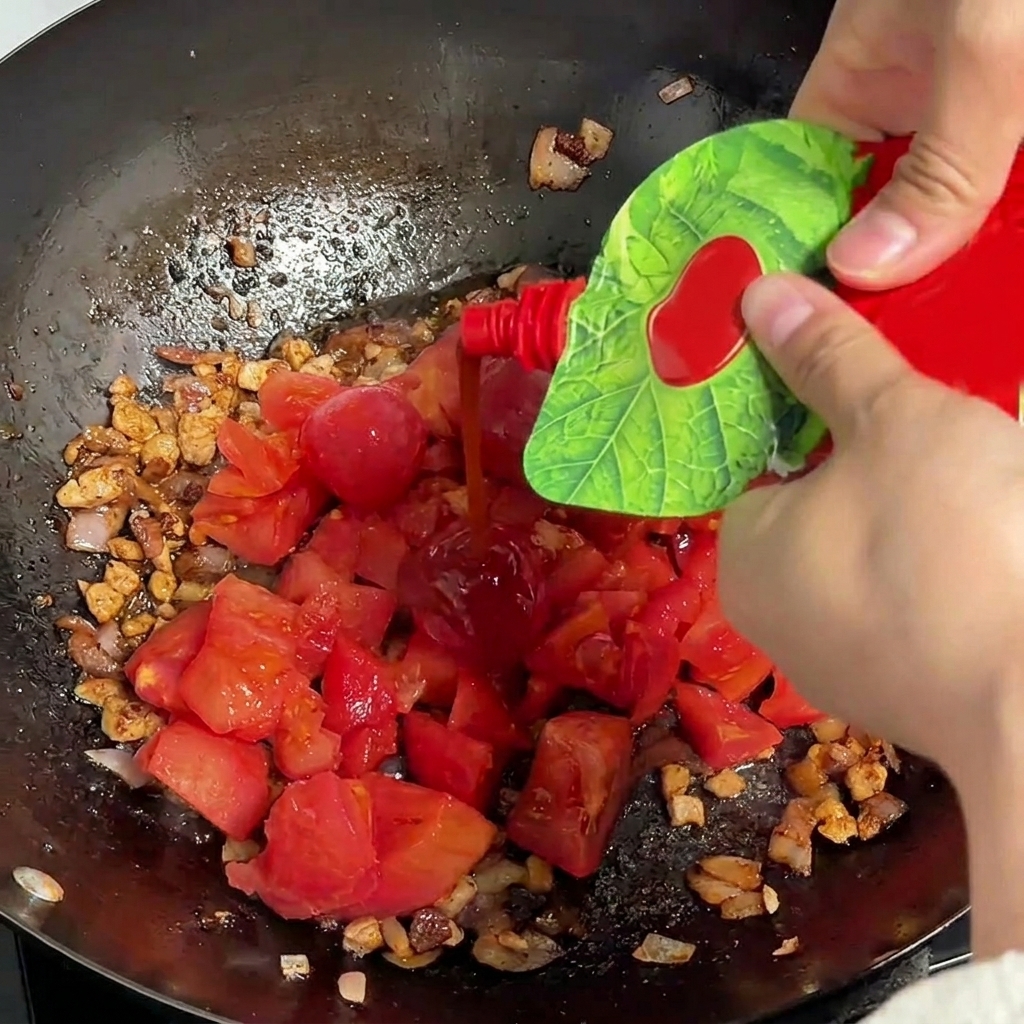 Concentrato di pomodoro versato da una bustina nel wok con il sugo di carne e pomodori.