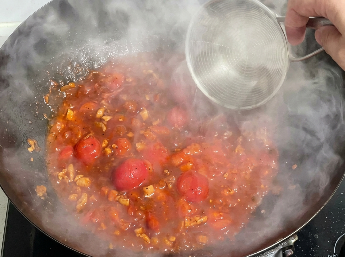 Una piccola ciotola dacqua versata nel sugo di pomodoro e carne che sobbolle nel wok.