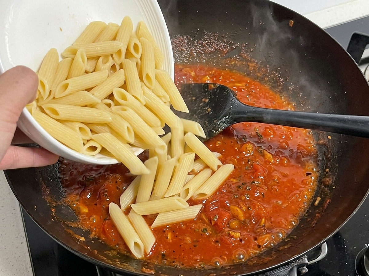 Penne cotte versate da una ciotola bianca nel sugo rosso che bolle nel wok.